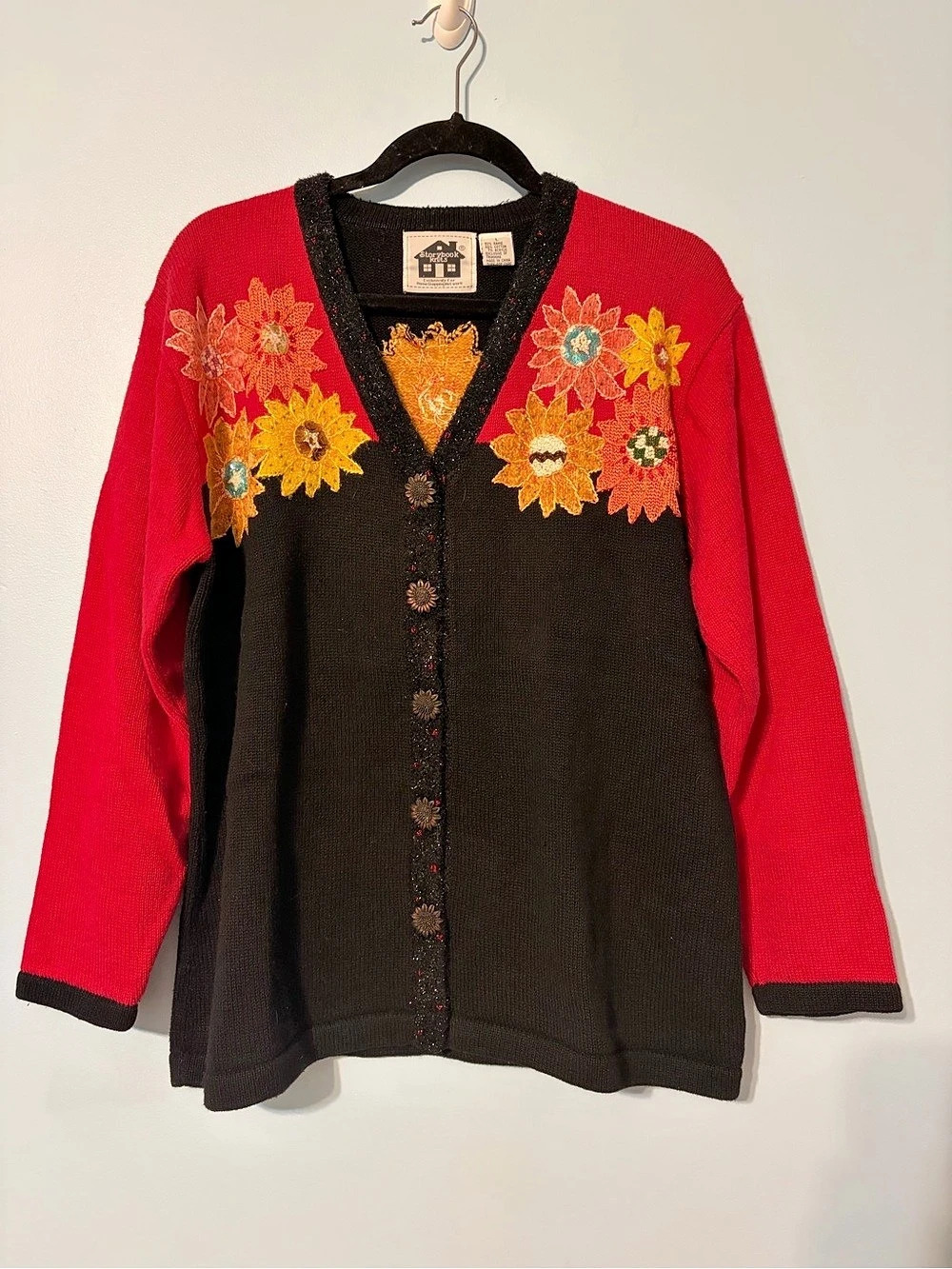 Storybook Knits Floral Embroidered Cardigan in Red & Black Large Like New